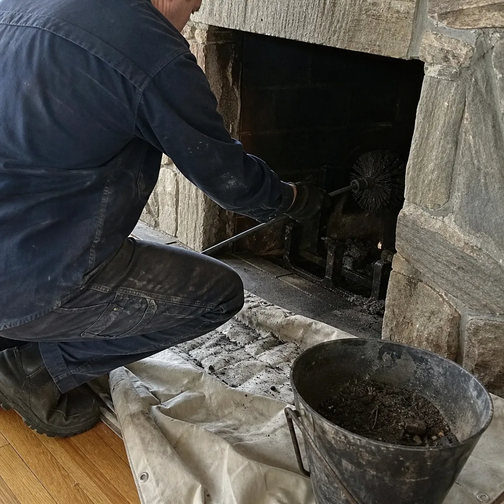 Professional chimney sweep cleaning a stone fireplace with a wire brush