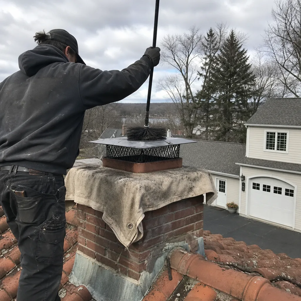 Professional chimney sweep cleaning a brick chimney on a residential roof