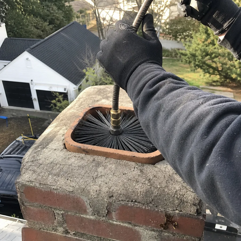 professional cleaning a residential chimney flue with a rotary brush