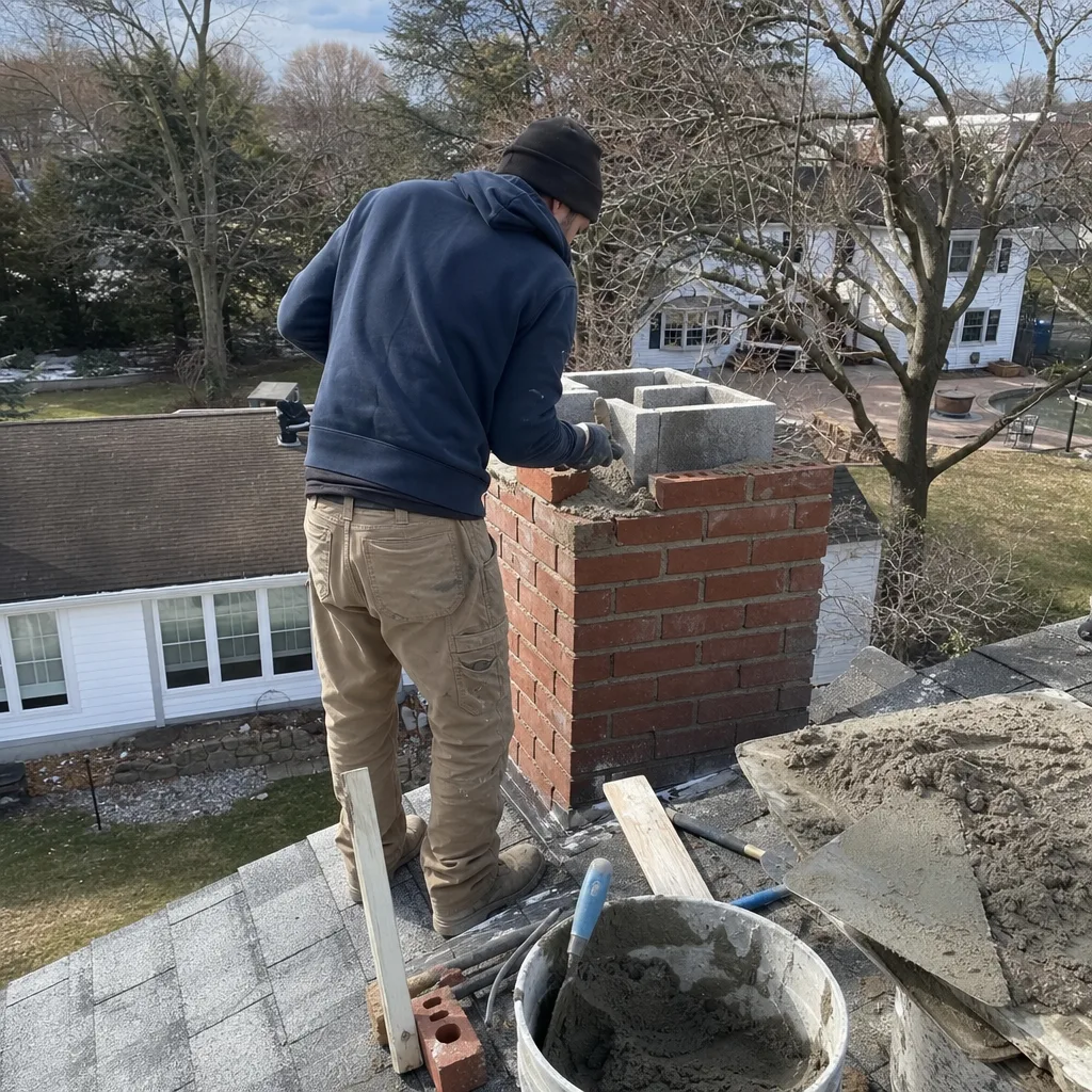 professional mason performing expert brick chimney repair on a residential roof