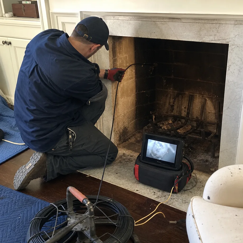 Professional technician performing a chimney inspection with a specialized camera system