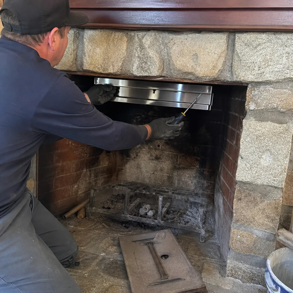Technician installing a stainless steel fireplace damper in a stone fireplace
