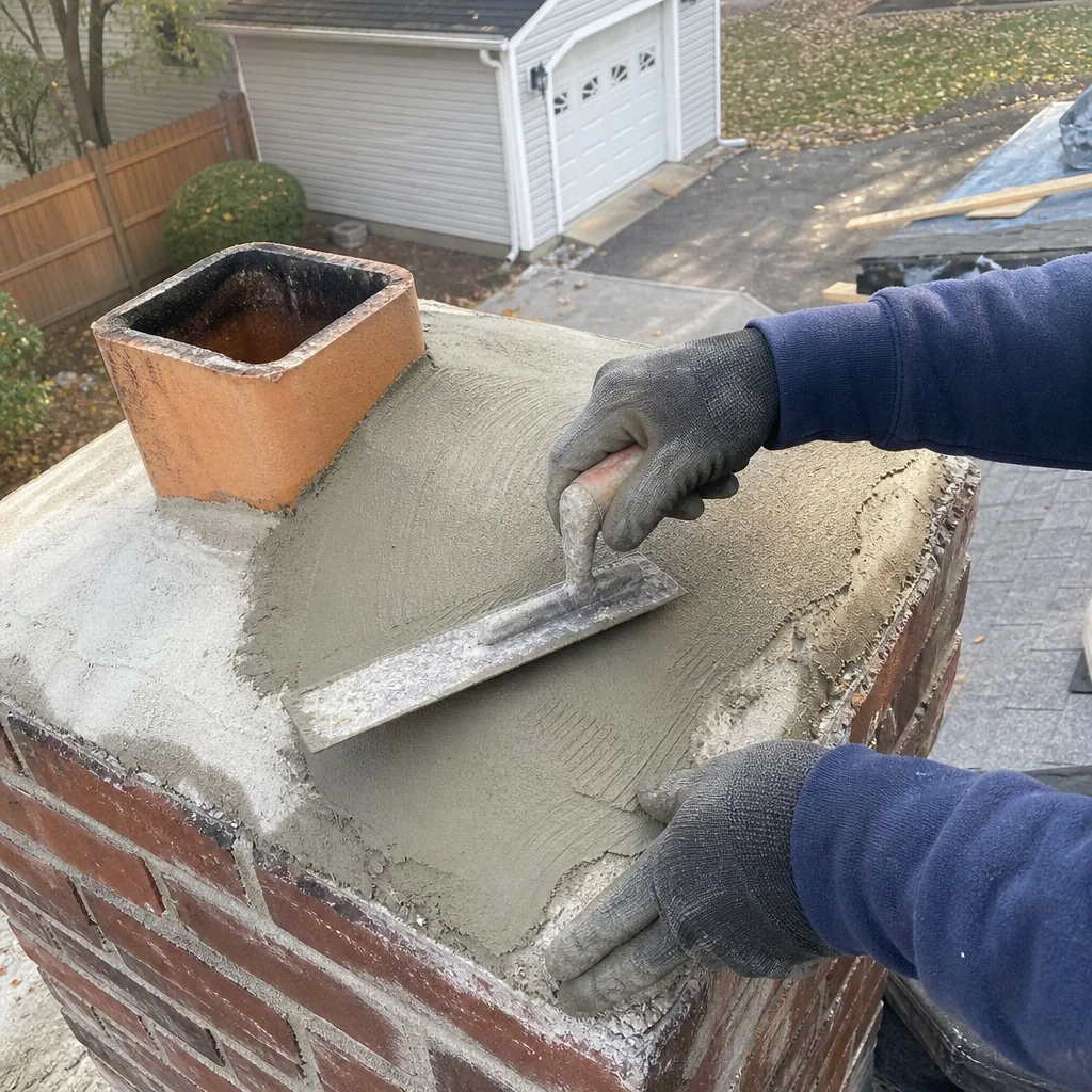Professional contractor applying mortar to a brick chimney crown in Greenwich, CT
