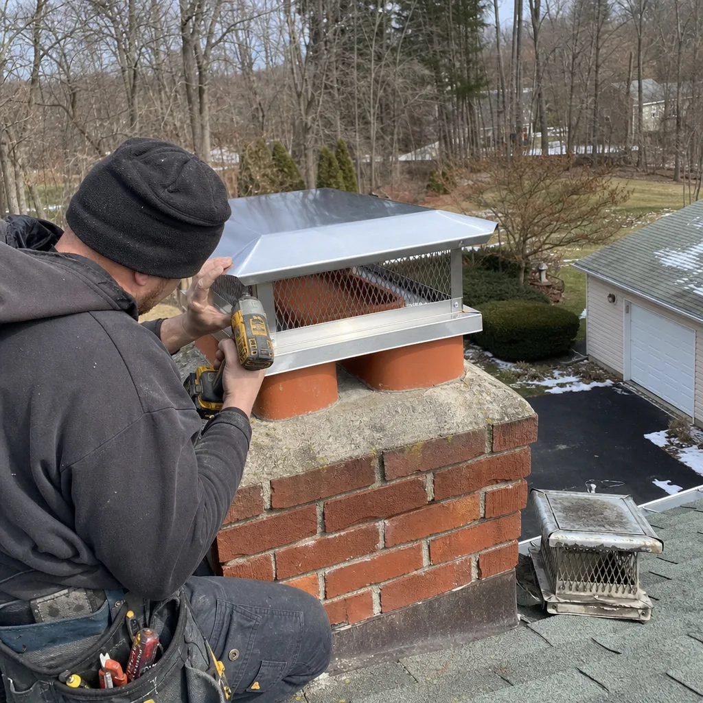 Technician installing a stainless steel chimney cap on a brick chimney in Greenwich, CT