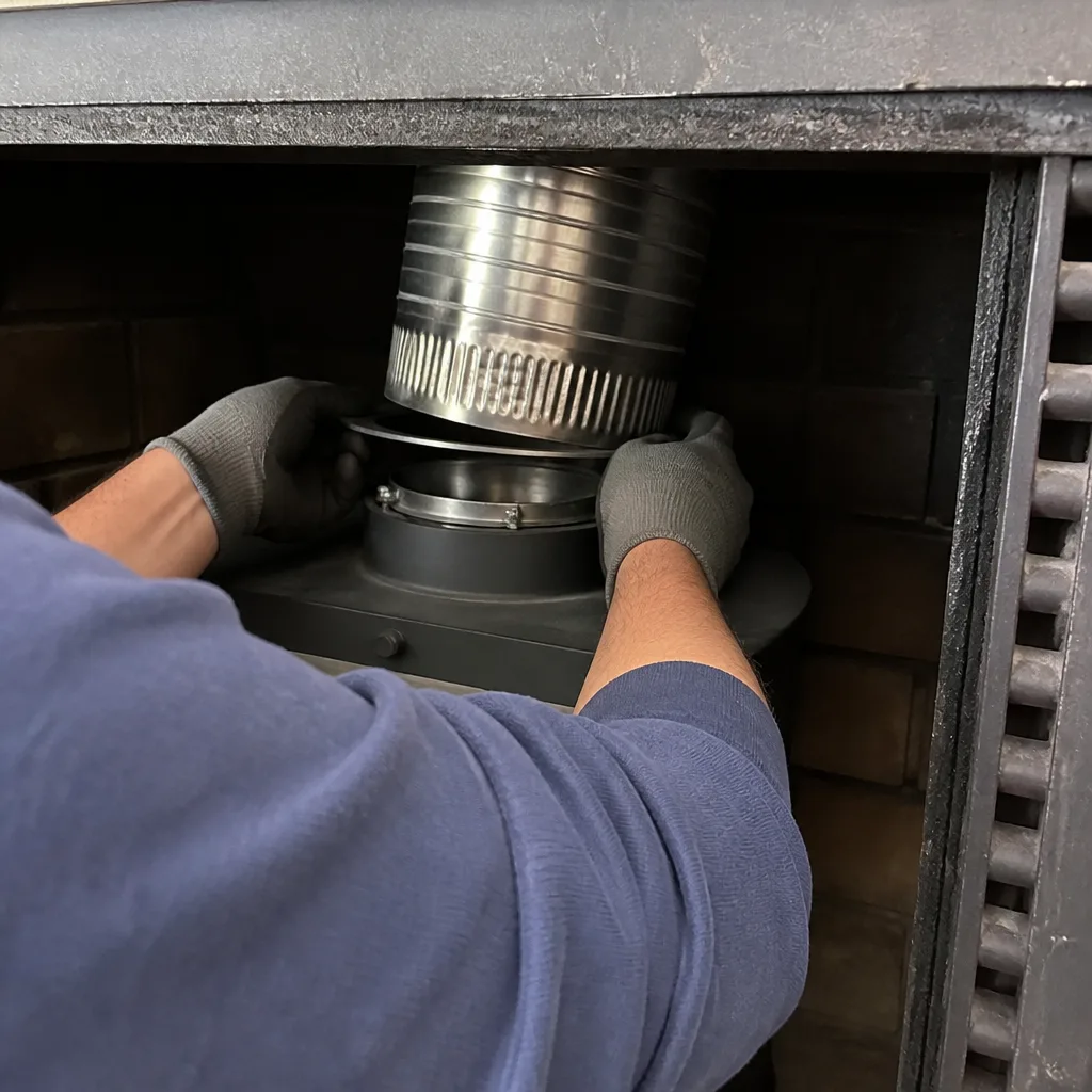 Technician installing a new stainless steel chimney liner into a fireplace in Greenwich, CT