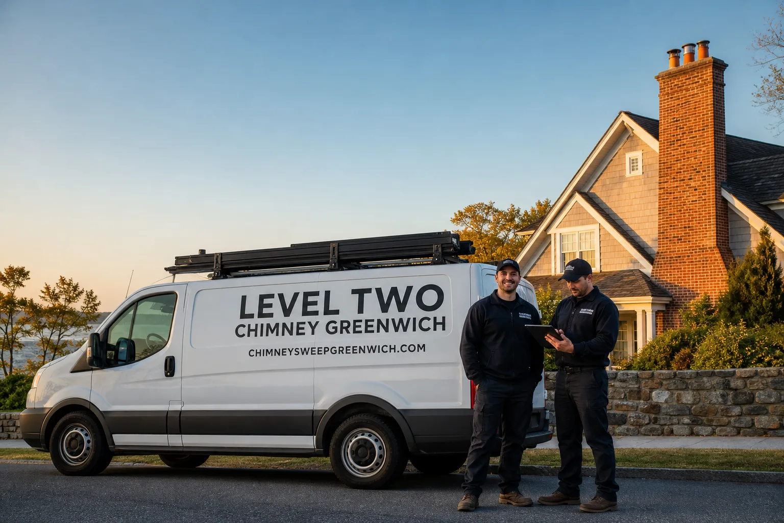 Level Two Chimney Greenwich chimney cleaning service vehicle and crew in Greenwich, CT